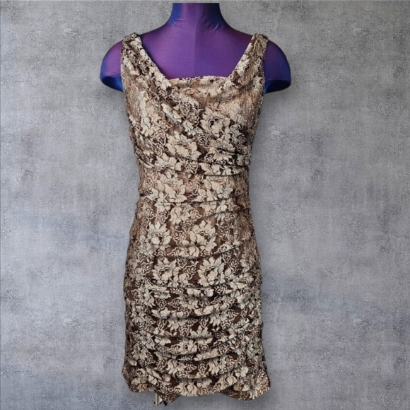 Express Gold Floral Lace Bodycon Mini Cocktail Dress Size 6 Women's A81 - Picture 1 of 10